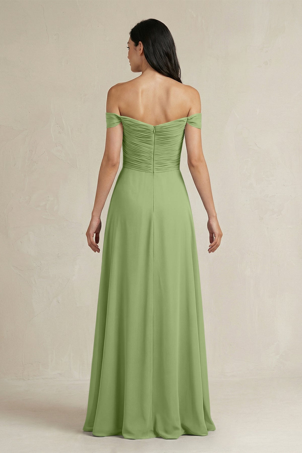 A - Line Pleated Off - the - Shoulder Chiffon Bridesmaid Dress in Matcha - KISS BRIDAL Bridesmaid Dresses