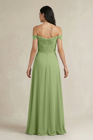 A - Line Pleated Off - the - Shoulder Chiffon Bridesmaid Dress in Matcha - KISS BRIDAL Bridesmaid Dresses