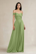 A - Line Pleated Off - the - Shoulder Chiffon Bridesmaid Dress in Matcha - KISS BRIDAL Bridesmaid Dresses