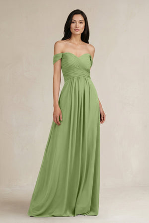 A - Line Pleated Off - the - Shoulder Chiffon Bridesmaid Dress in Matcha - KISS BRIDAL Bridesmaid Dresses
