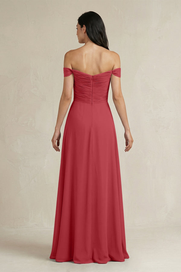 A - Line Pleated Off - the - Shoulder Chiffon Bridesmaid Dress in Merlot - SHE IS ME Bridesmaid Dresses