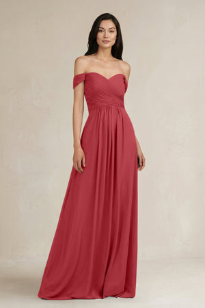 A - Line Pleated Off - the - Shoulder Chiffon Bridesmaid Dress in Merlot - SHE IS ME Bridesmaid Dresses