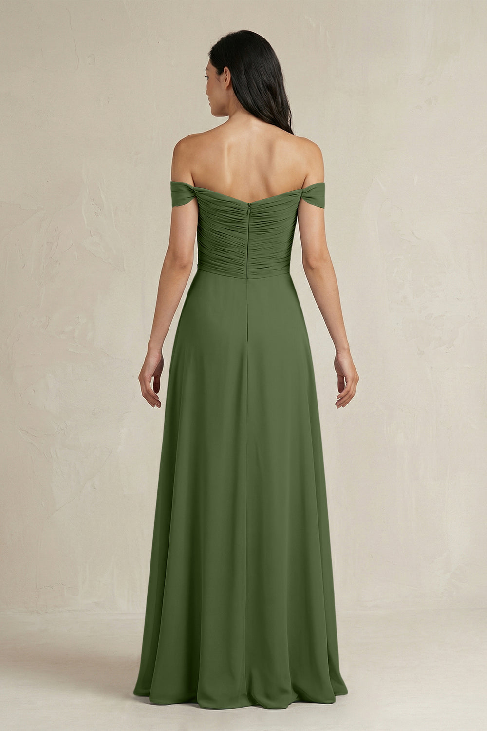 A-Line Pleated Off-the-Shoulder Chiffon Bridesmaid Dress in Moss