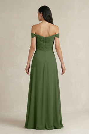 A-Line Pleated Off-the-Shoulder Chiffon Bridesmaid Dress in Moss (2) | KISSBRIDAL