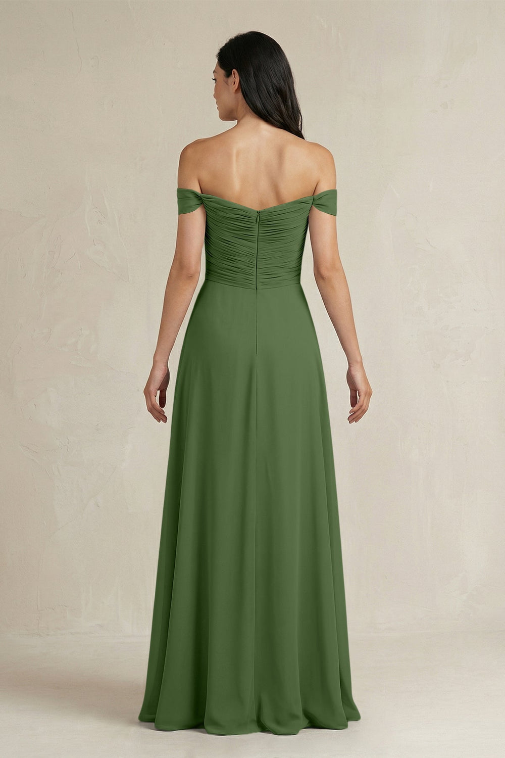 A - Line Pleated Off - the - Shoulder Chiffon Bridesmaid Dress in Moss - KISS BRIDAL Bridesmaid Dresses