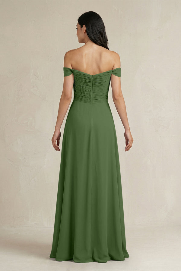 A - Line Pleated Off - the - Shoulder Chiffon Bridesmaid Dress in Moss - KISS BRIDAL Bridesmaid Dresses