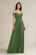 A - Line Pleated Off - the - Shoulder Chiffon Bridesmaid Dress in Moss - KISS BRIDAL Bridesmaid Dresses