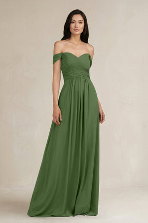 A - Line Pleated Off - the - Shoulder Chiffon Bridesmaid Dress in Moss - KISS BRIDAL Bridesmaid Dresses