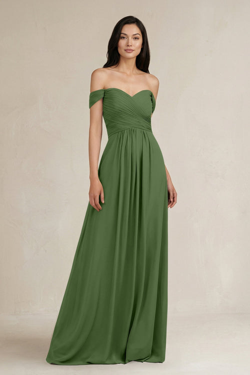 A - Line Pleated Off - the - Shoulder Chiffon Bridesmaid Dress in Moss - KISS BRIDAL Bridesmaid Dresses
