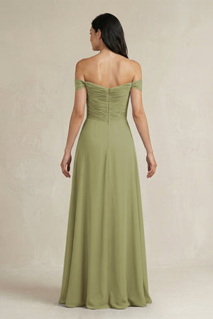 A - Line Pleated Off - the - Shoulder Chiffon Bridesmaid Dress in Moss Green - KISS BRIDAL Bridesmaid Dresses