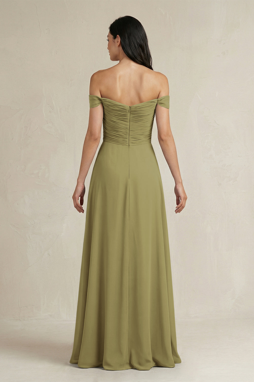 A-Line Pleated Off-the-Shoulder Chiffon Bridesmaid Dress in Moss Green