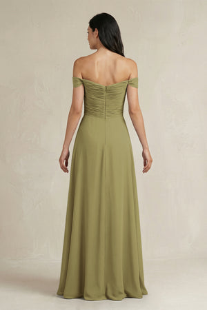 A-Line Pleated Off-the-Shoulder Chiffon Bridesmaid Dress in Moss Green (2) | KISSBRIDAL