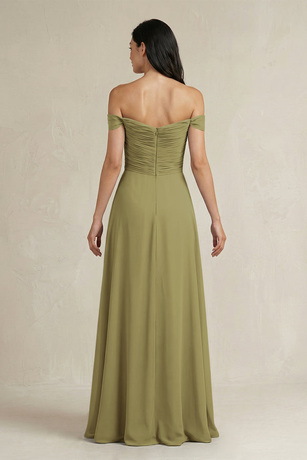 A-Line Pleated Off-the-Shoulder Chiffon Bridesmaid Dress in Moss Green (2) | KISSBRIDAL