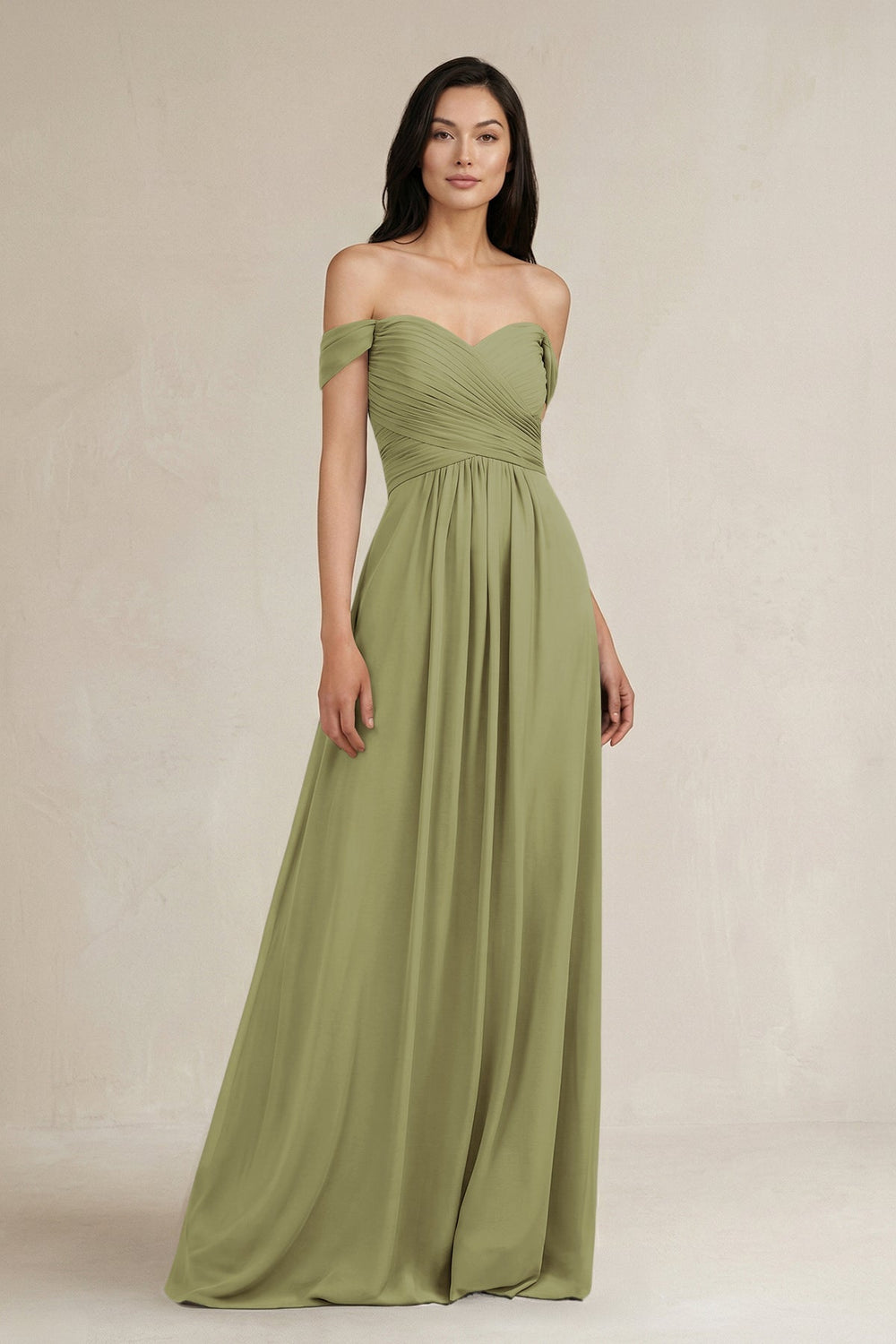 A - Line Pleated Off - the - Shoulder Chiffon Bridesmaid Dress in Moss Green - KISS BRIDAL Bridesmaid Dresses