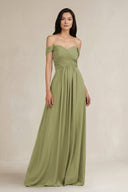 A - Line Pleated Off - the - Shoulder Chiffon Bridesmaid Dress in Moss Green - KISS BRIDAL Bridesmaid Dresses