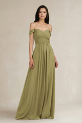 A-Line Pleated Off-the-Shoulder Chiffon Bridesmaid Dress in Moss Green | KISSBRIDAL