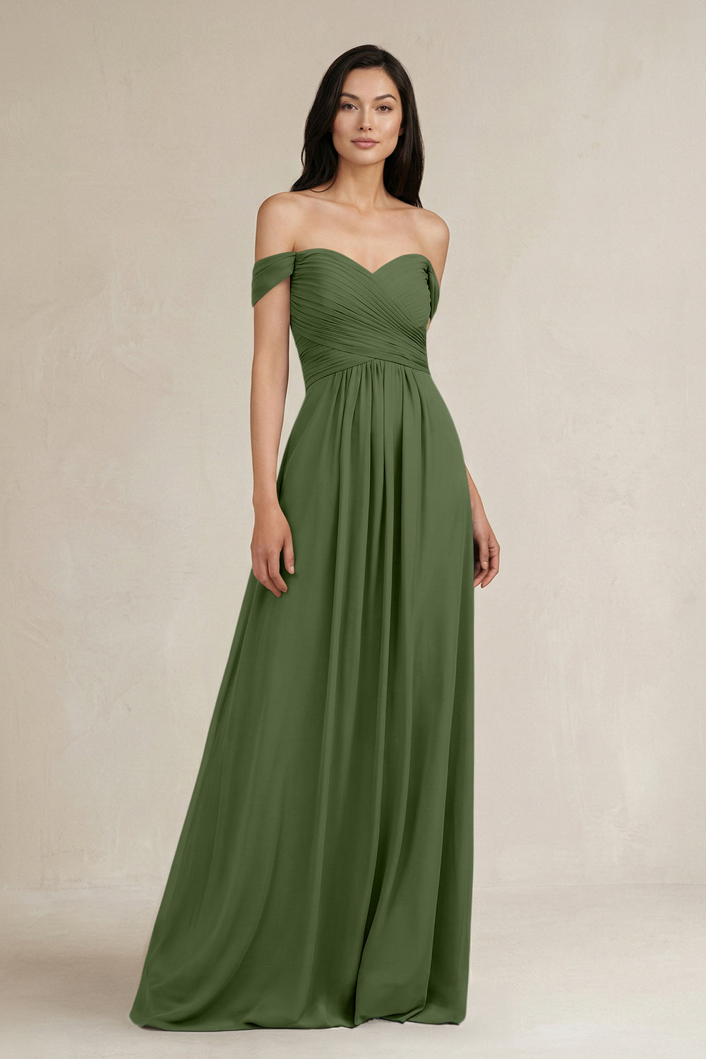 A-Line Pleated Off-the-Shoulder Chiffon Bridesmaid Dress in Moss