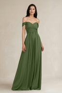 A-Line Pleated Off-the-Shoulder Chiffon Bridesmaid Dress in Moss | KISSBRIDAL