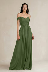 A-Line Pleated Off-the-Shoulder Chiffon Bridesmaid Dress in Moss | KISSBRIDAL