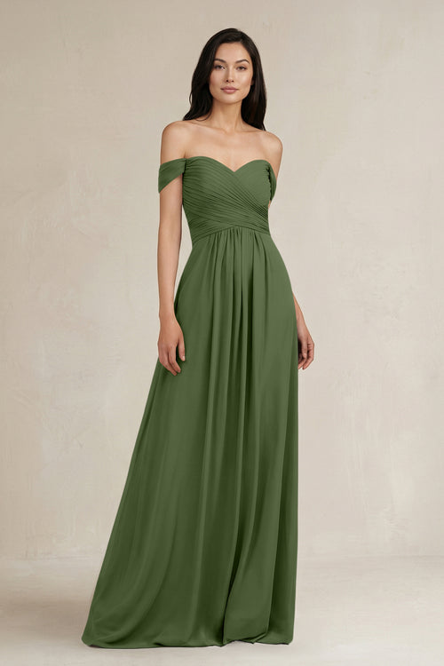 A-Line Pleated Off-the-Shoulder Chiffon Bridesmaid Dress in Moss | KISSBRIDAL