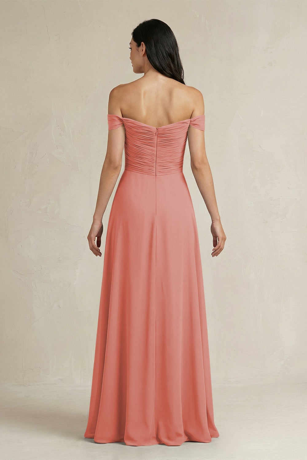 A - Line Pleated Off - the - Shoulder Chiffon Bridesmaid Dress in Mulberry - KISS BRIDAL Bridesmaid Dresses