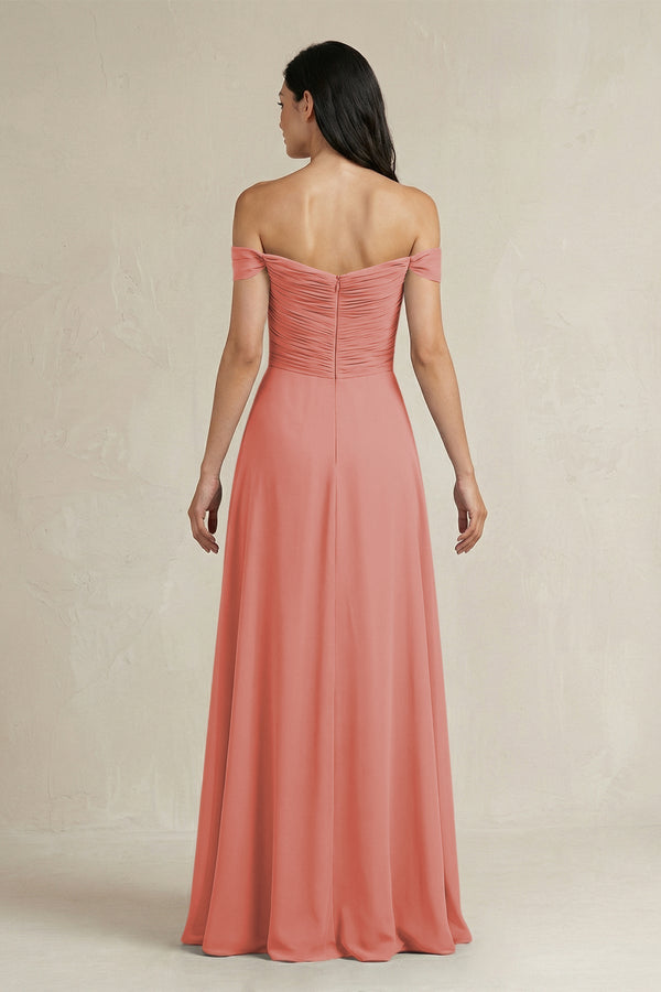 A - Line Pleated Off - the - Shoulder Chiffon Bridesmaid Dress in Mulberry - KISS BRIDAL Bridesmaid Dresses