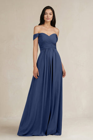 A - Line Pleated Off - the - Shoulder Chiffon Bridesmaid Dress in Navy - KISS BRIDAL Bridesmaid Dresses