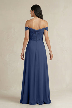 A - Line Pleated Off - the - Shoulder Chiffon Bridesmaid Dress in Navy - KISS BRIDAL Bridesmaid Dresses