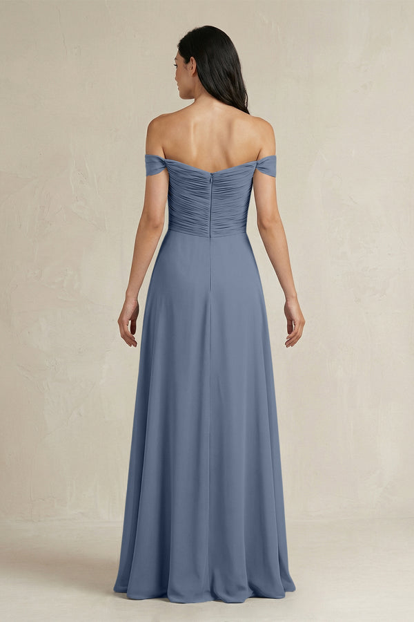 A - Line Pleated Off - the - Shoulder Chiffon Bridesmaid Dress in Neptune - KISS BRIDAL Bridesmaid Dresses