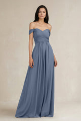 A - Line Pleated Off - the - Shoulder Chiffon Bridesmaid Dress in Neptune - KISS BRIDAL Bridesmaid Dresses