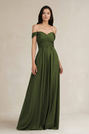 A - Line Pleated Off - the - Shoulder Chiffon Bridesmaid Dress in Olive - KISS BRIDAL Bridesmaid Dresses