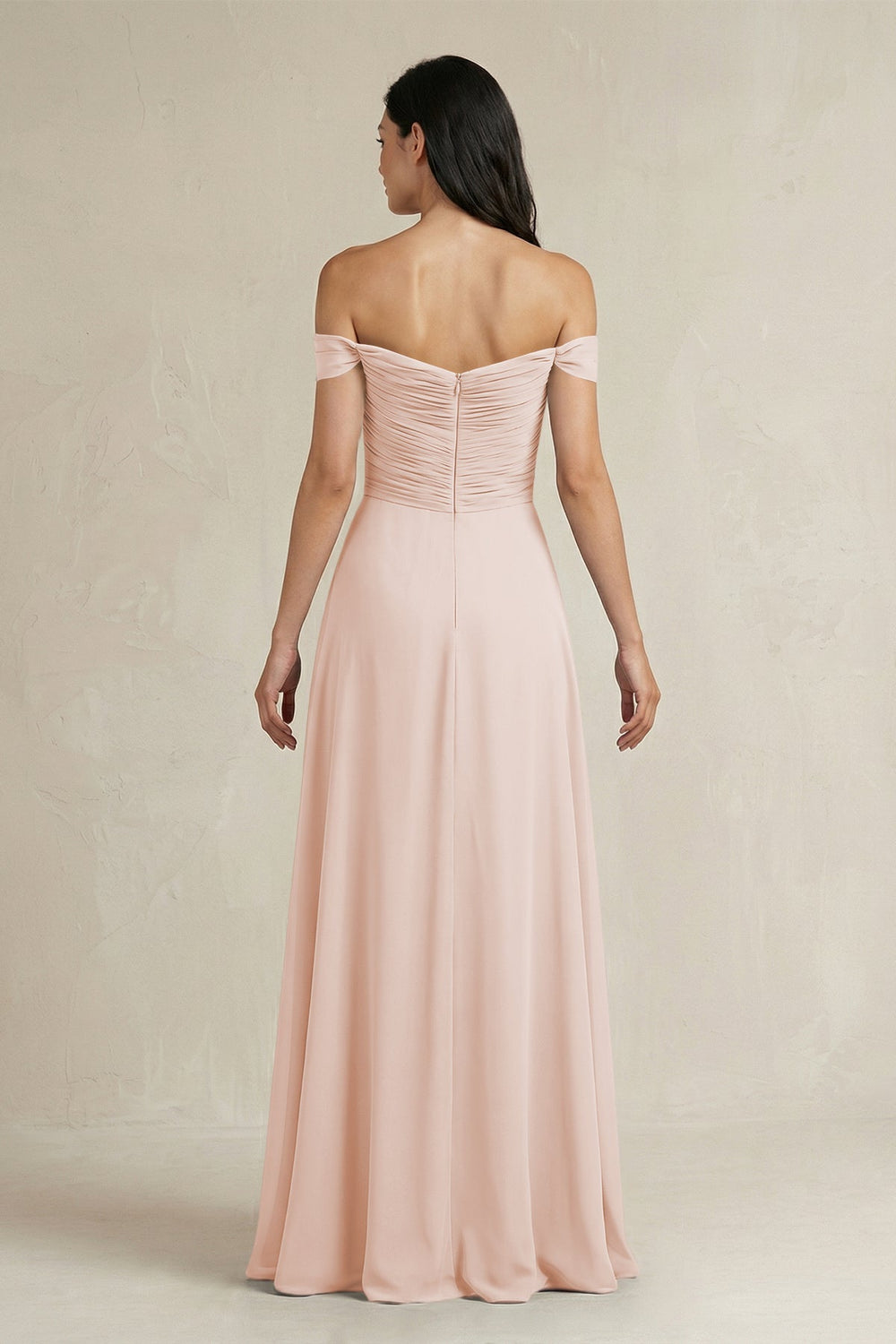 A - Line Pleated Off - the - Shoulder Chiffon Bridesmaid Dress in Pale Blush - KISS BRIDAL Bridesmaid Dresses