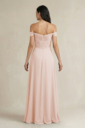 A - Line Pleated Off - the - Shoulder Chiffon Bridesmaid Dress in Pale Blush - KISS BRIDAL Bridesmaid Dresses