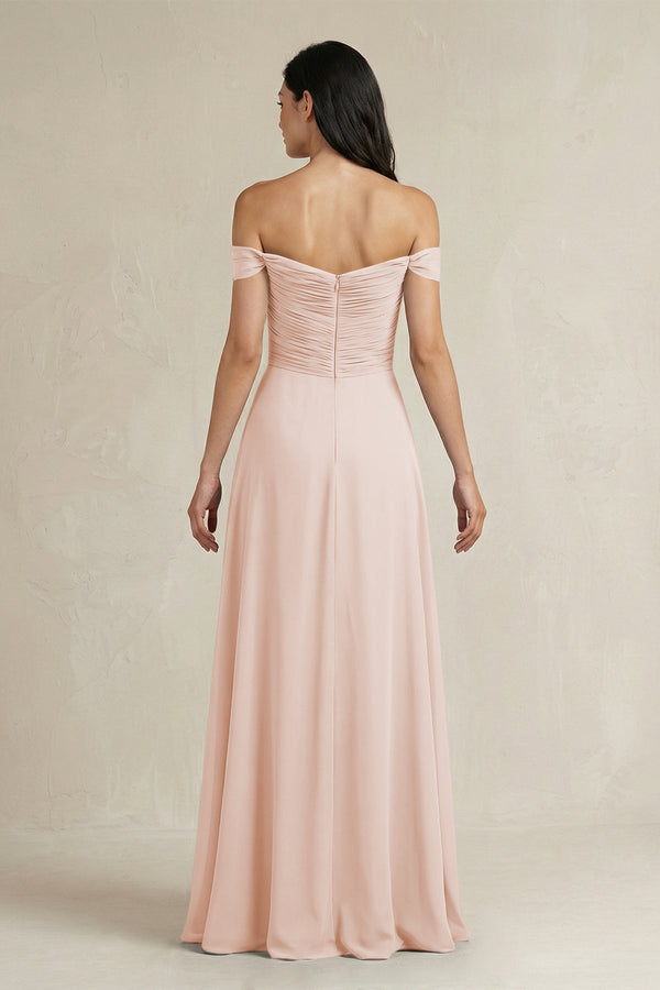 A - Line Pleated Off - the - Shoulder Chiffon Bridesmaid Dress in Pale Blush - KISS BRIDAL Bridesmaid Dresses