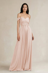 A - Line Pleated Off - the - Shoulder Chiffon Bridesmaid Dress in Pale Blush - KISS BRIDAL Bridesmaid Dresses