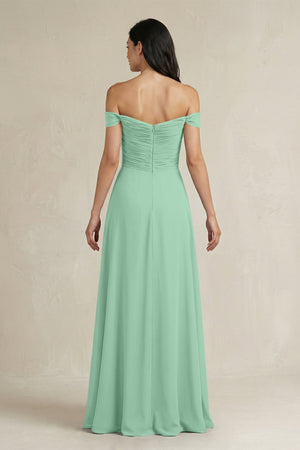 A - Line Pleated Off - the - Shoulder Chiffon Bridesmaid Dress in Pale Pistachio - SHE IS ME Bridesmaid Dresses