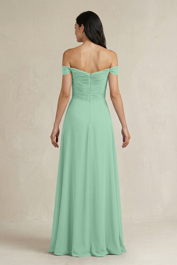A - Line Pleated Off - the - Shoulder Chiffon Bridesmaid Dress in Pale Pistachio - SHE IS ME Bridesmaid Dresses