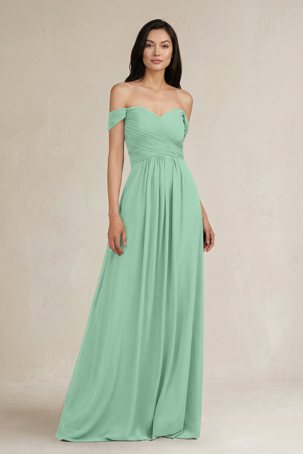 A - Line Pleated Off - the - Shoulder Chiffon Bridesmaid Dress in Pale Pistachio - KISS BRIDAL Bridesmaid Dresses