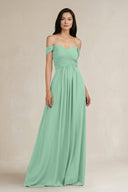 A - Line Pleated Off - the - Shoulder Chiffon Bridesmaid Dress in Pale Pistachio - SHE IS ME Bridesmaid Dresses