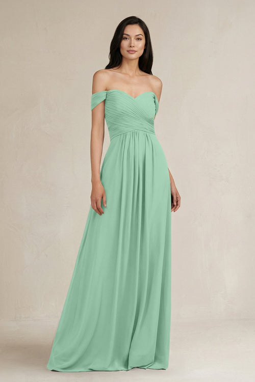 A - Line Pleated Off - the - Shoulder Chiffon Bridesmaid Dress in Pale Pistachio - SHE IS ME Bridesmaid Dresses