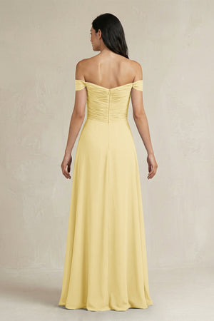 A - Line Pleated Off - the - Shoulder Chiffon Bridesmaid Dress in Pastel Yellow - KISS BRIDAL Bridesmaid Dresses