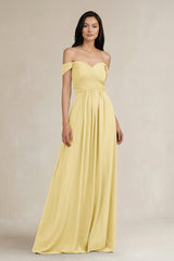 A - Line Pleated Off - the - Shoulder Chiffon Bridesmaid Dress in Pastel Yellow - KISS BRIDAL Bridesmaid Dresses