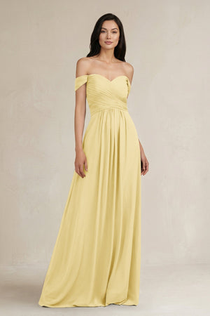 A - Line Pleated Off - the - Shoulder Chiffon Bridesmaid Dress in Pastel Yellow - KISS BRIDAL Bridesmaid Dresses