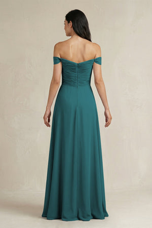 A - Line Pleated Off - the - Shoulder Chiffon Bridesmaid Dress in Pine - KISS BRIDAL Bridesmaid Dresses