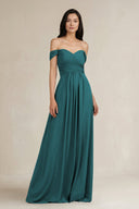 A - Line Pleated Off - the - Shoulder Chiffon Bridesmaid Dress in Pine - KISS BRIDAL Bridesmaid Dresses
