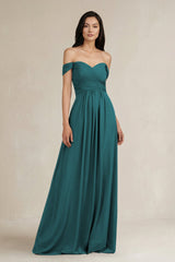 A - Line Pleated Off - the - Shoulder Chiffon Bridesmaid Dress in Pine - KISS BRIDAL Bridesmaid Dresses