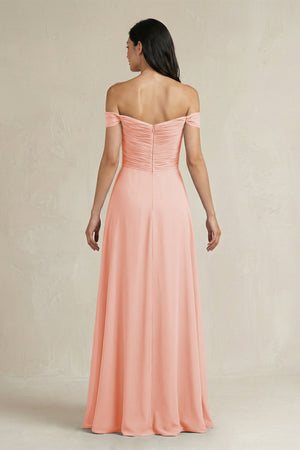 A - Line Pleated Off - the - Shoulder Chiffon Bridesmaid Dress in Rose Petal - SHE IS ME Bridesmaid Dresses