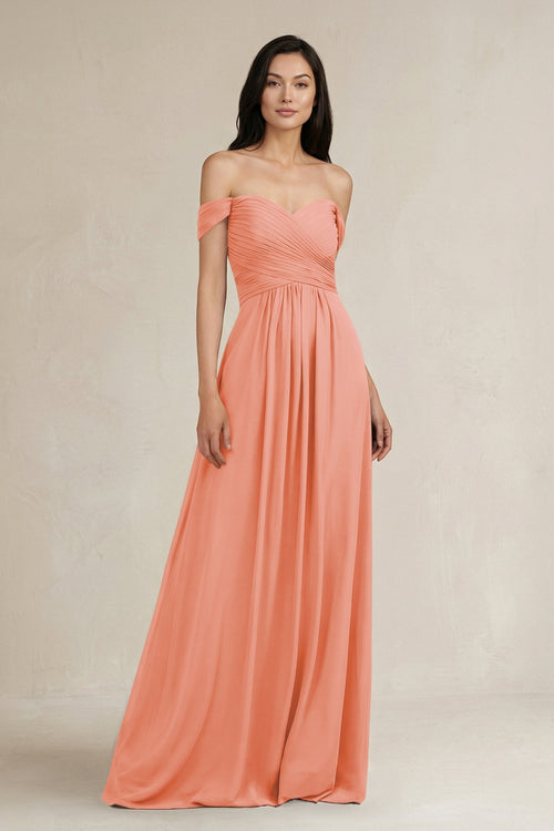A - Line Pleated Off - the - Shoulder Chiffon Bridesmaid Dress in Rosette - KISS BRIDAL Bridesmaid Dresses