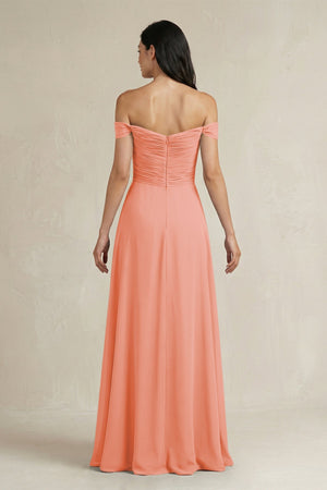 A - Line Pleated Off - the - Shoulder Chiffon Bridesmaid Dress in Rosette - KISS BRIDAL Bridesmaid Dresses