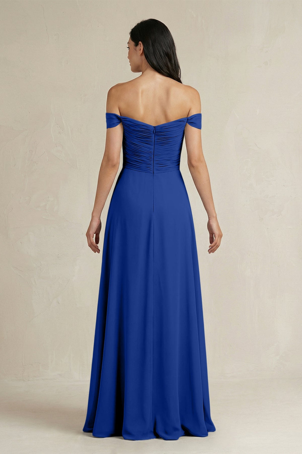 A - Line Pleated Off - the - Shoulder Chiffon Bridesmaid Dress in Royal Blue - KISS BRIDAL Bridesmaid Dresses